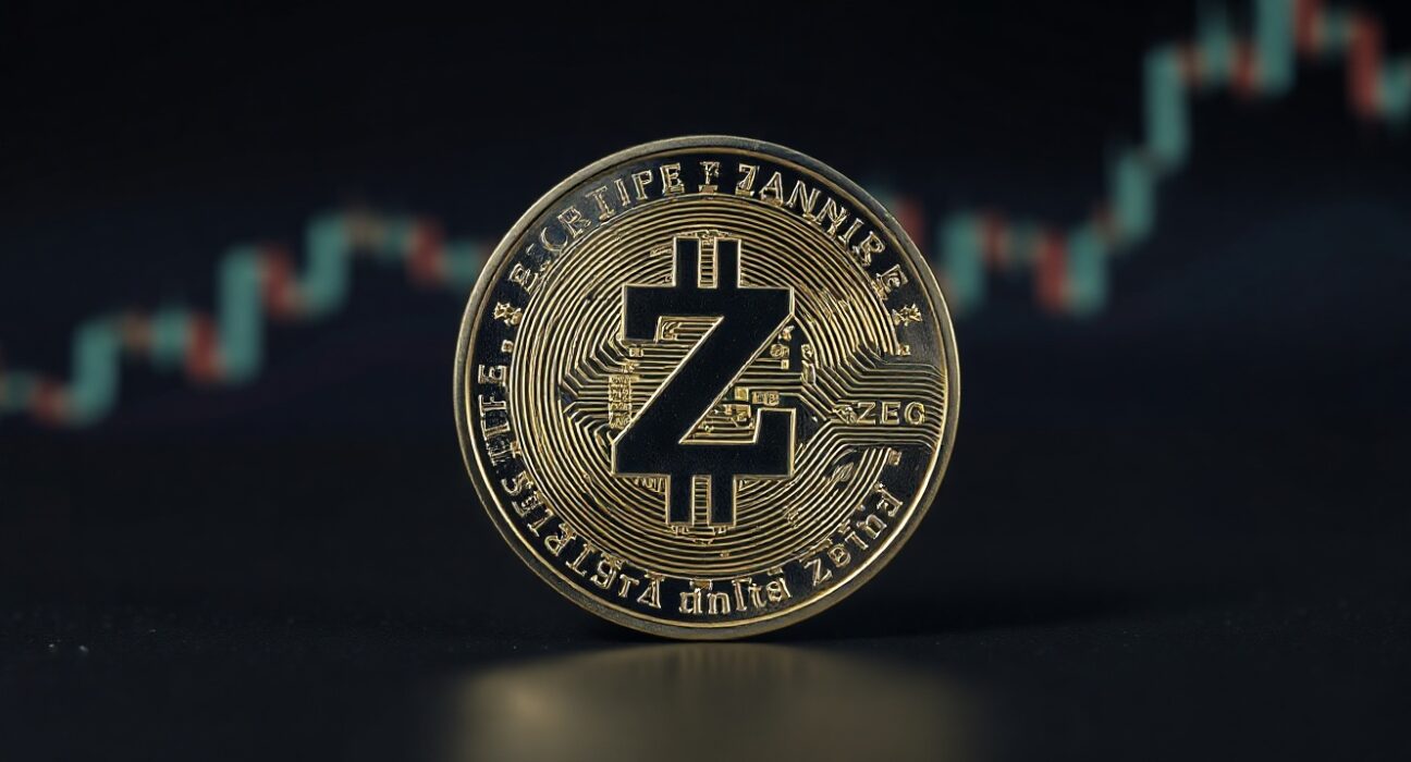 Zcash (ZEC) coin with financial charts in background, symbolizing price analysis