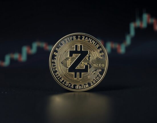 Zcash (ZEC) coin with financial charts in background, symbolizing price analysis