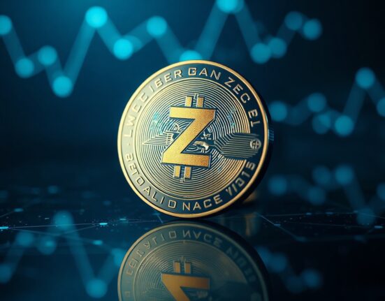 Zcash (ZEC) coin with Z symbol on dark reflective surface, representing cryptocurrency market analysis