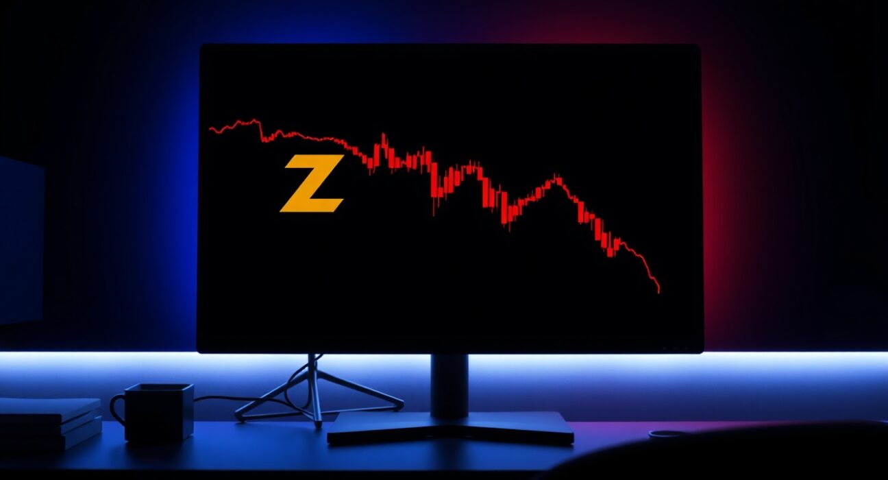Zcash price chart showing a decline on a trading monitor with red candlesticks and a dark background.