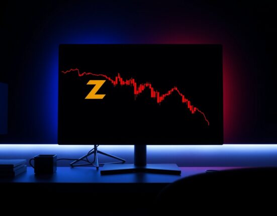 Zcash price chart showing a decline on a trading monitor with red candlesticks and a dark background.