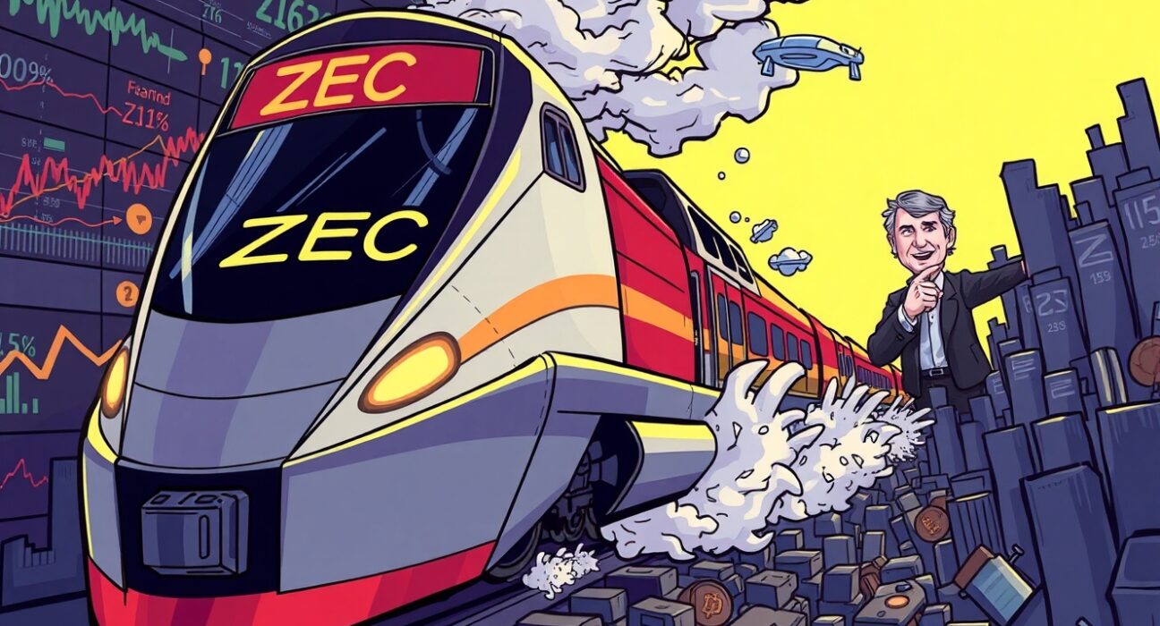 A cartoon train symbolizing Zcash (ZEC) breaks barriers, illustrating an optimistic Zcash price prediction from Arthur Hayes.