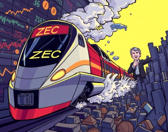 A cartoon train symbolizing Zcash (ZEC) breaks barriers, illustrating an optimistic Zcash price prediction from Arthur Hayes.