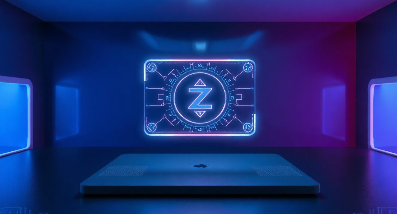 Futuristic quantum-recoverable digital wallet interface with glowing encryption symbols and Zcash logo in a dark tech lab setting