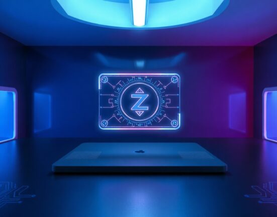 Futuristic quantum-recoverable digital wallet interface with glowing encryption symbols and Zcash logo in a dark tech lab setting