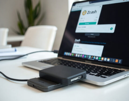 Ledger hardware wallet connected to a laptop displaying Zcash shielded transaction interface