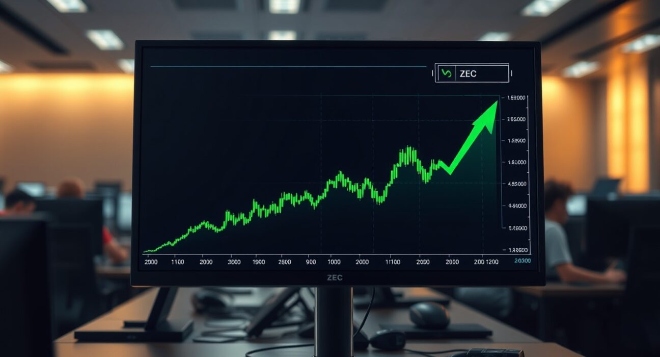 Trading screen showing ZEC price surge with green candlesticks and upward arrow in a trading office.