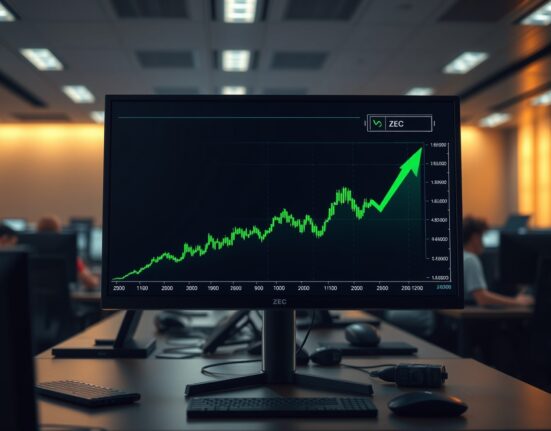 Trading screen showing ZEC price surge with green candlesticks and upward arrow in a trading office.