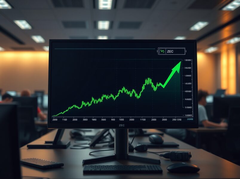 Trading screen showing ZEC price surge with green candlesticks and upward arrow in a trading office.