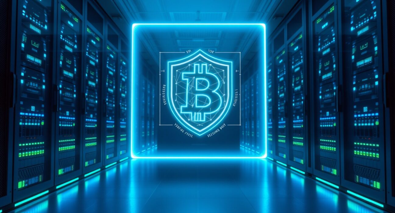 Holographic cryptographic shield displayed in a modern server room, representing Zcash network security verification.