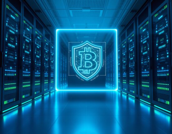 Holographic cryptographic shield displayed in a modern server room, representing Zcash network security verification.