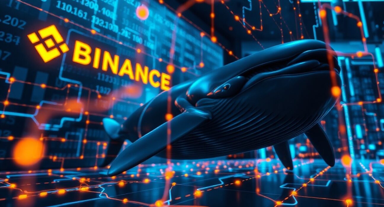 Digital whale swimming through blockchain data streams representing a large Zcash transaction.