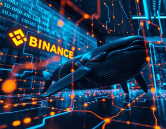 Digital whale swimming through blockchain data streams representing a large Zcash transaction.