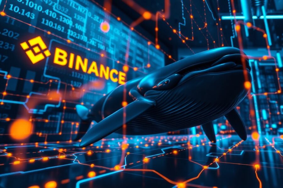 Digital whale swimming through blockchain data streams representing a large Zcash transaction.