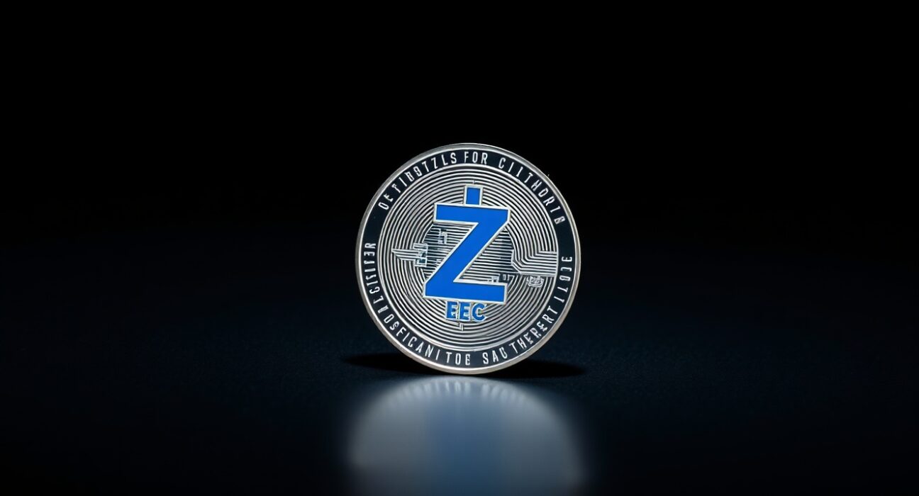 Zcash (ZEC) digital coin on a dark reflective surface, symbolizing cryptocurrency market analysis.
