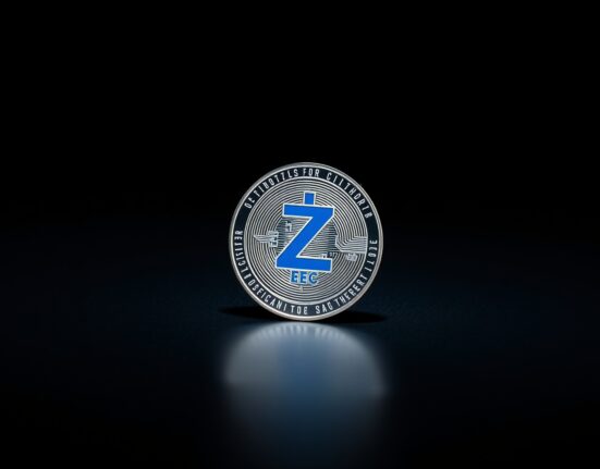 Zcash (ZEC) digital coin on a dark reflective surface, symbolizing cryptocurrency market analysis.