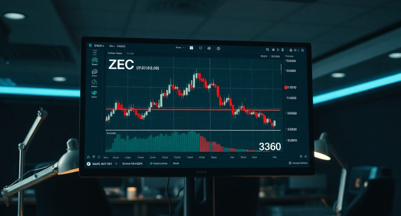 Cryptocurrency analyst chart showing Zcash (ZEC) price decline risk below $360 level