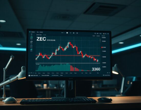 Cryptocurrency analyst chart showing Zcash (ZEC) price decline risk below $360 level