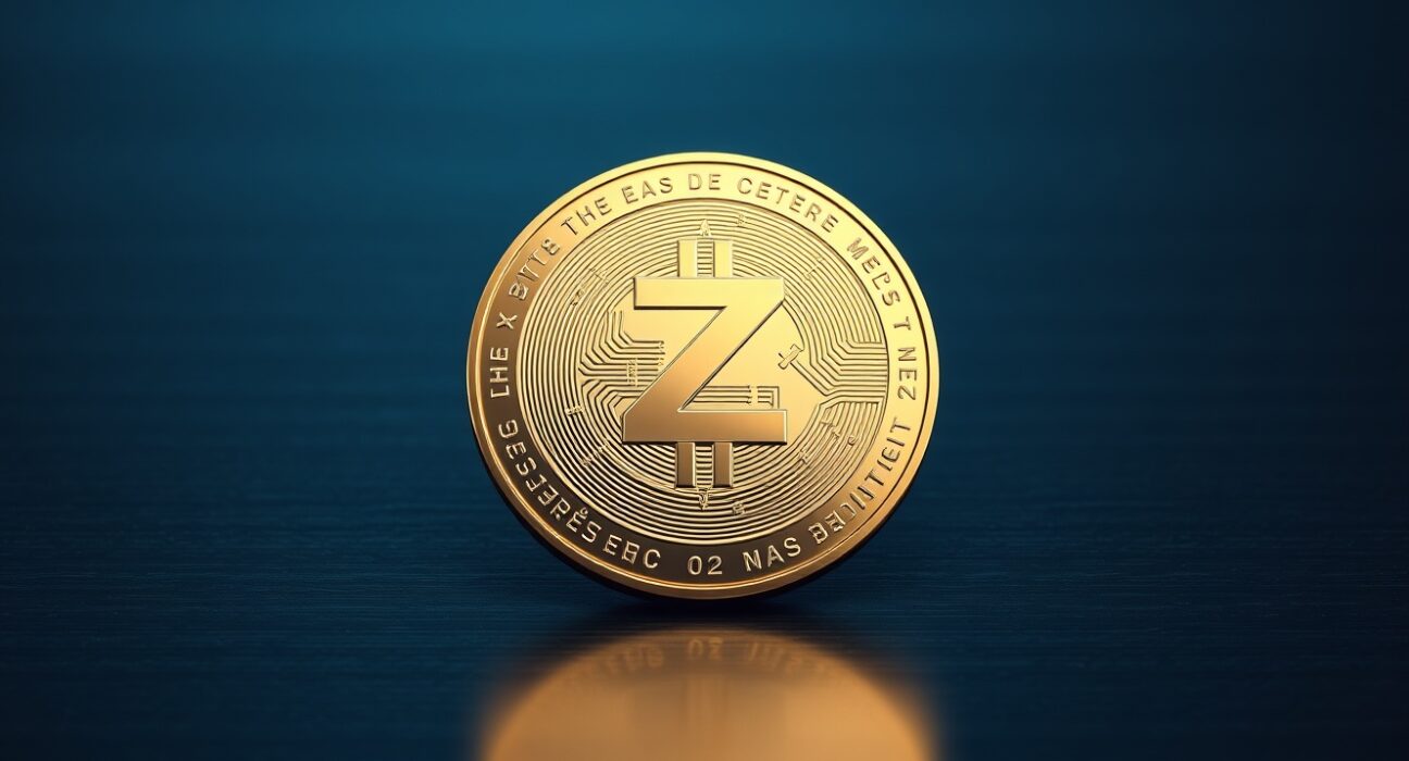 Zcash ZEC coin resting on dark metallic surface with soft studio lighting