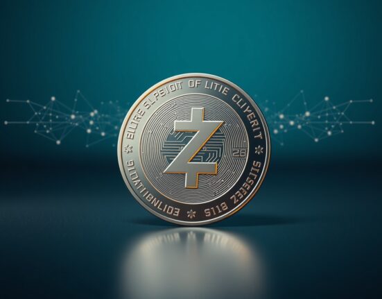 Zcash cryptocurrency coin with Z emblem on reflective surface, digital privacy concept