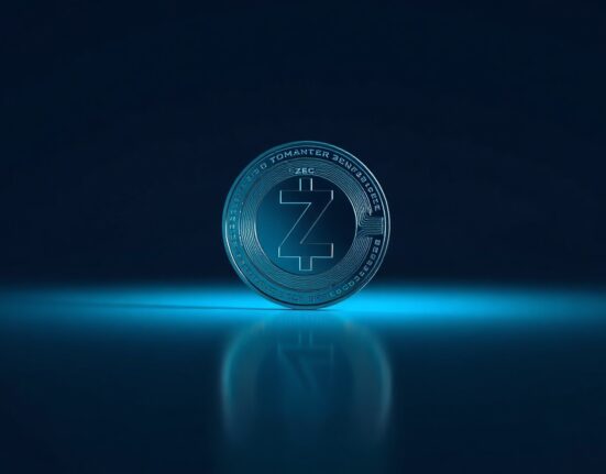 Digital Zcash (ZEC) coin on a dark background with blue lighting, representing a sudden price surge.