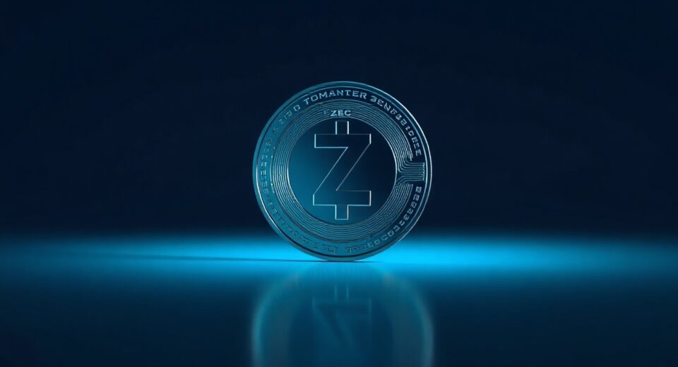 Digital Zcash (ZEC) coin on a dark background with blue lighting, representing a sudden price surge.