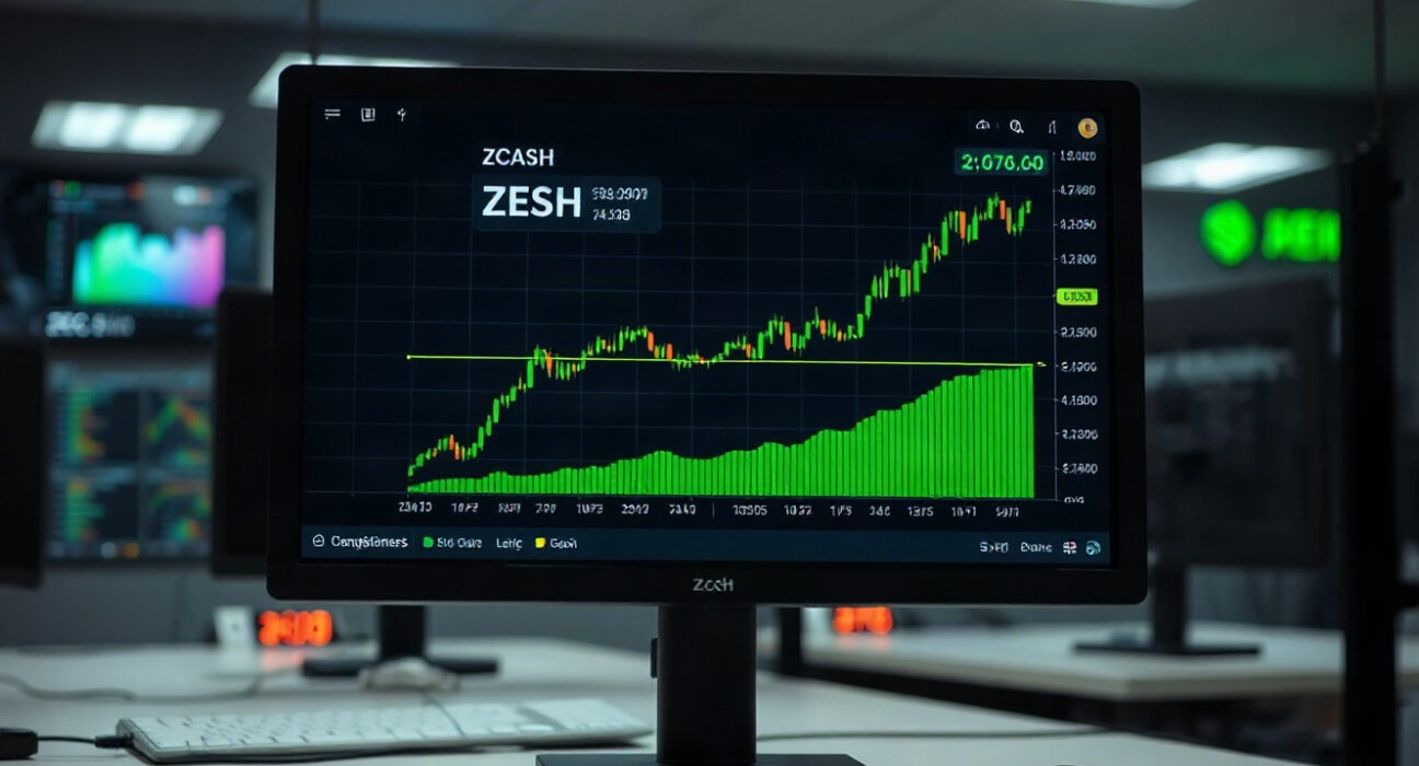 Zcash (ZEC) price chart showing a significant upward trend on a trading screen