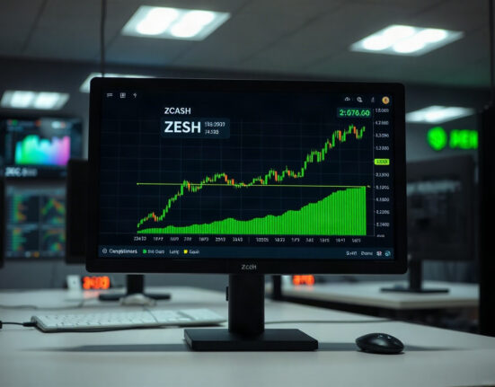 Zcash (ZEC) price chart showing a significant upward trend on a trading screen