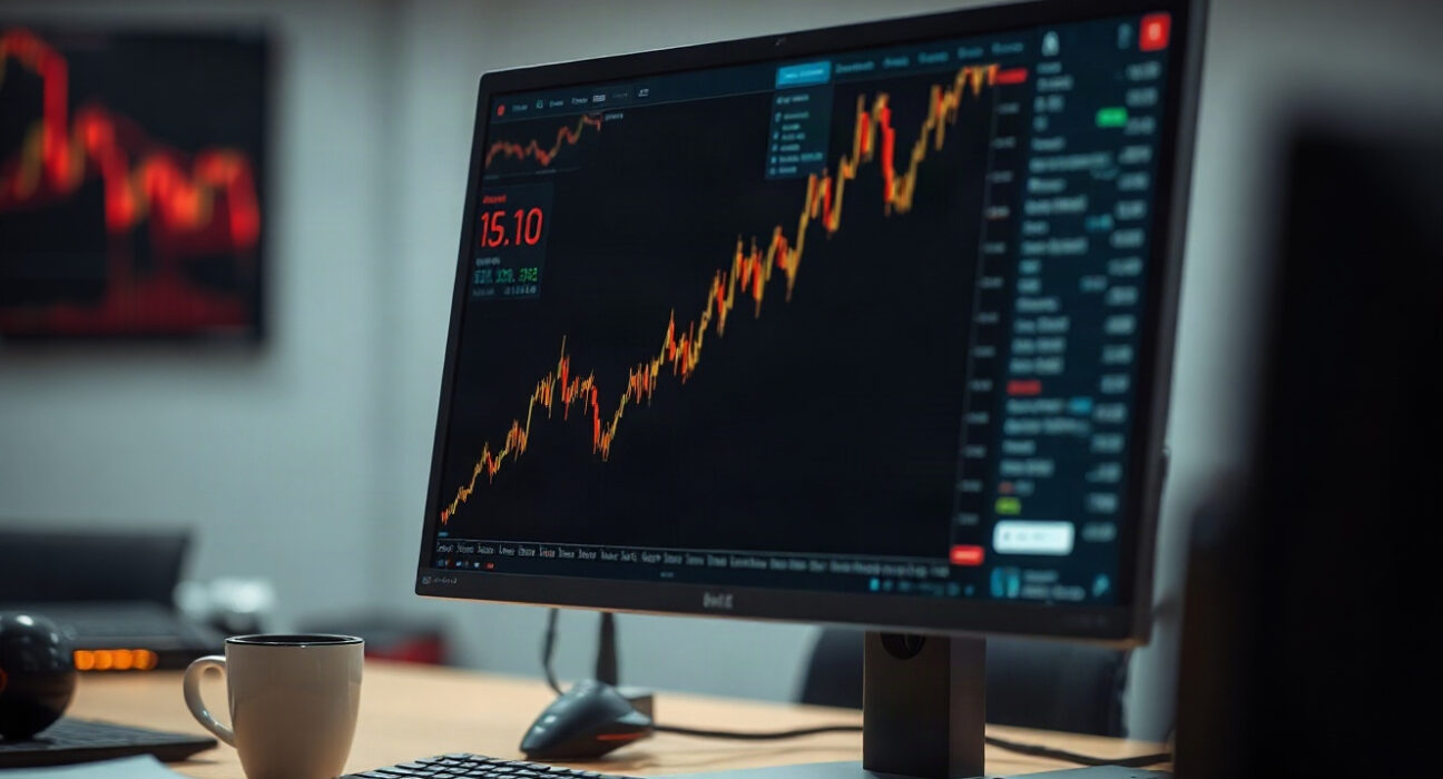 Cryptocurrency trading chart showing a sharp price spike on a monitor in a professional office setting