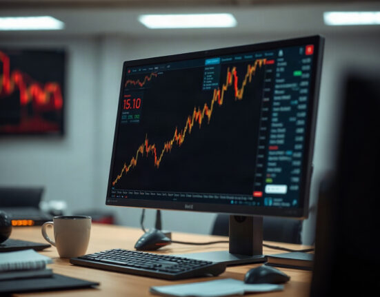 Cryptocurrency trading chart showing a sharp price spike on a monitor in a professional office setting