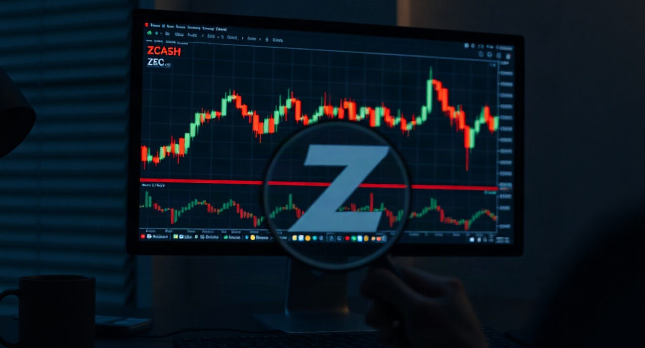 Analyst examining ZEC price chart on monitor with magnifying glass