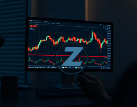 Analyst examining ZEC price chart on monitor with magnifying glass