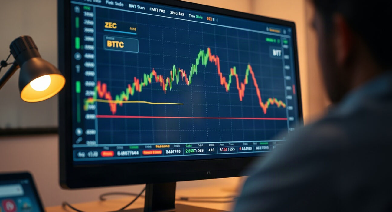 Cryptocurrency price charts on a monitor showing a sharp spike in one coin while another trends downward