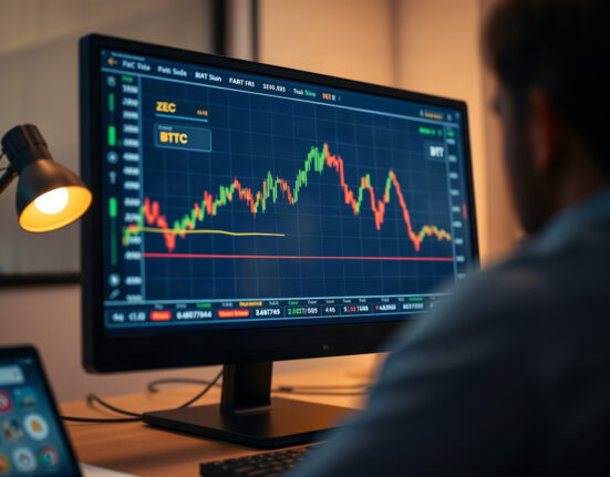 Cryptocurrency price charts on a monitor showing a sharp spike in one coin while another trends downward