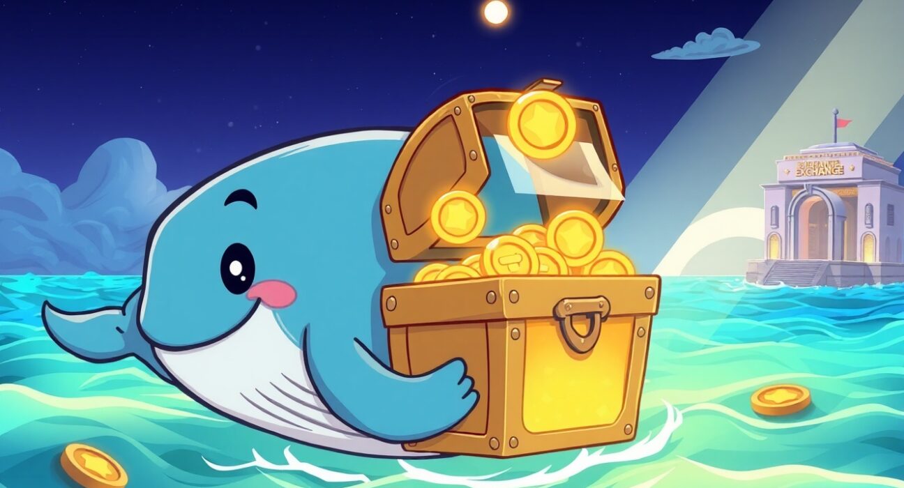 A cartoon whale carrying a treasure of ZEC coins, symbolizing a major ZEC whale withdrawal from an exchange.