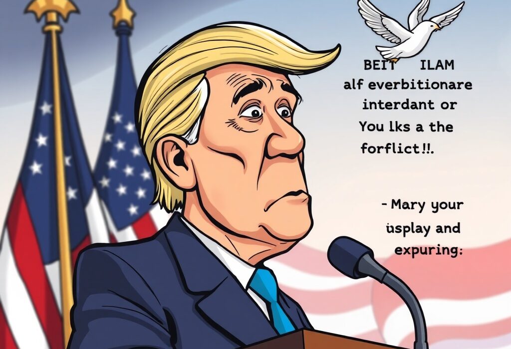 Cartoon illustration showing a leader advocating for Zelensky calls for peace and US aid to Ukraine.