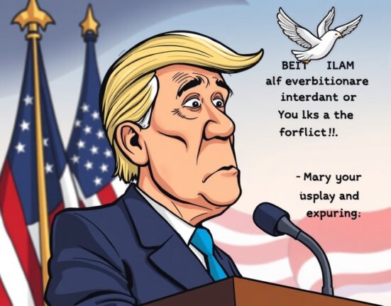 Cartoon illustration showing a leader advocating for Zelensky calls for peace and US aid to Ukraine.