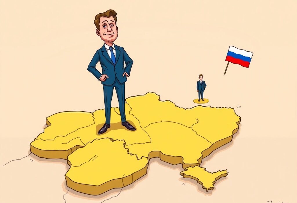 Cartoon illustration showing President Zelensky's unwavering stance on Zelensky territory, symbolizing Ukraine's resolve against ceding land.