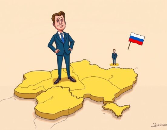 Cartoon illustration showing President Zelensky's unwavering stance on Zelensky territory, symbolizing Ukraine's resolve against ceding land.