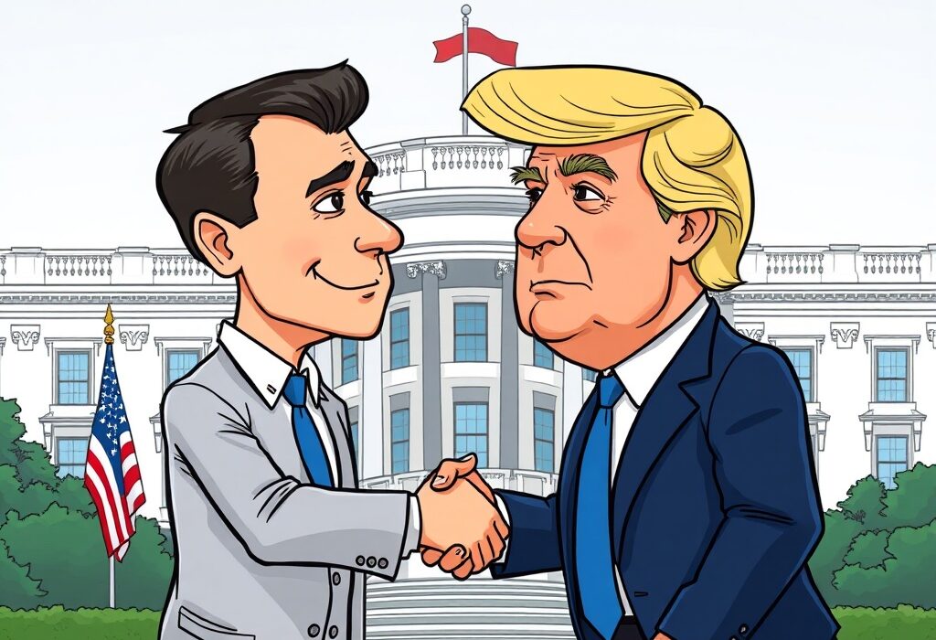 A cartoon illustration showing Ukrainian President Zelensky and President Trump at a crucial Zelensky Trump meeting, symbolizing US-Ukraine relations.