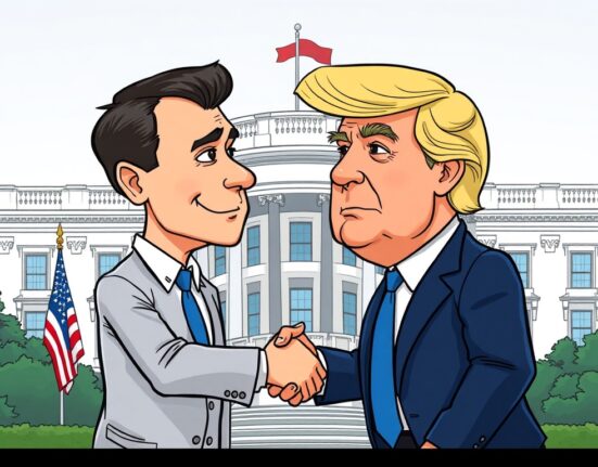 A cartoon illustration showing Ukrainian President Zelensky and President Trump at a crucial Zelensky Trump meeting, symbolizing US-Ukraine relations.