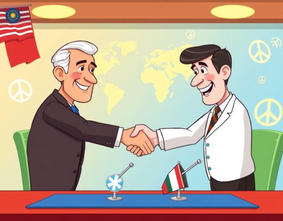 Zelenskyy Trump peace agreement negotiation cartoon illustration showing diplomatic handshake