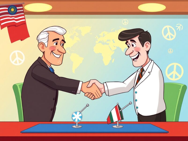 Zelenskyy Trump peace agreement negotiation cartoon illustration showing diplomatic handshake