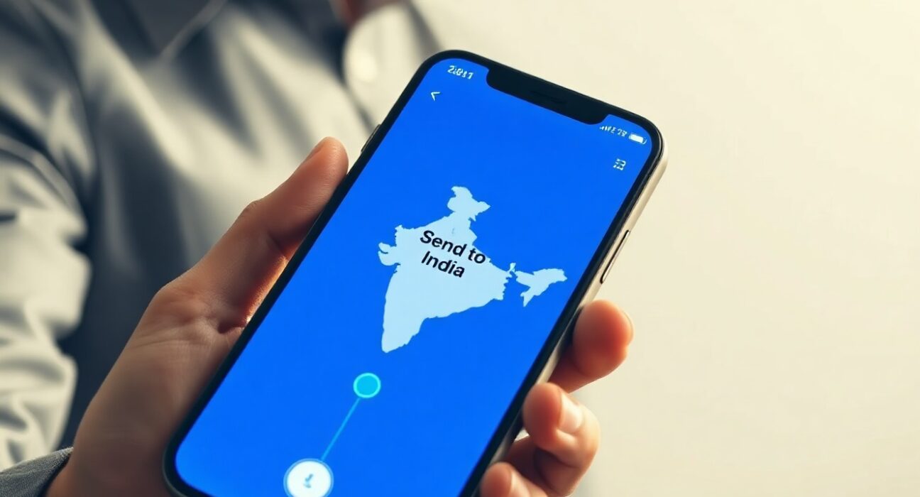 Smartphone displaying Zelle app with a remittance transfer to India, connected by a digital line on a blurred map background.