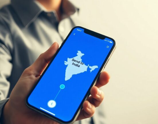 Smartphone displaying Zelle app with a remittance transfer to India, connected by a digital line on a blurred map background.