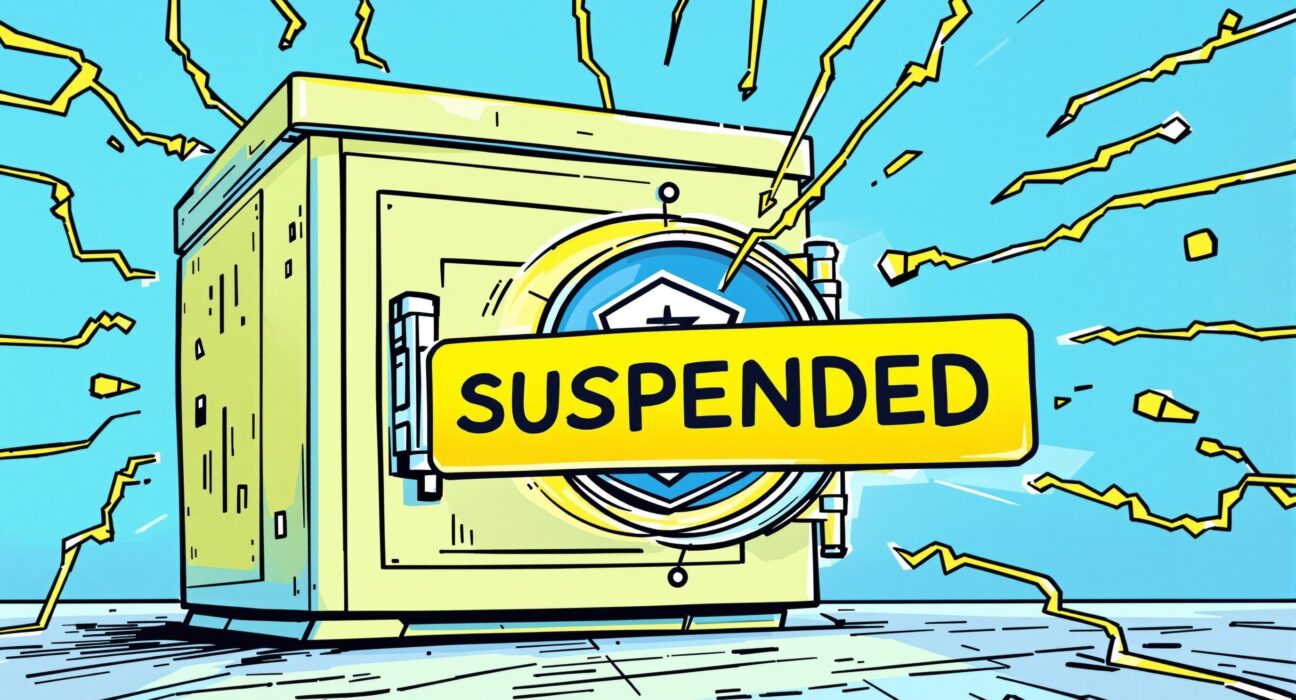 A cartoon image showing a digital wallet with a 'suspended' sign, illustrating the halt of ZEN withdrawals by an exchange.
