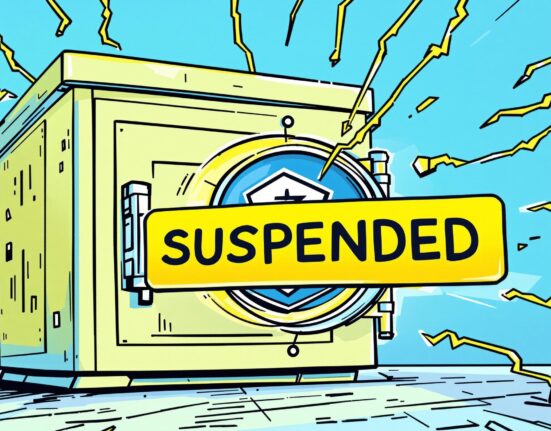 A cartoon image showing a digital wallet with a 'suspended' sign, illustrating the halt of ZEN withdrawals by an exchange.