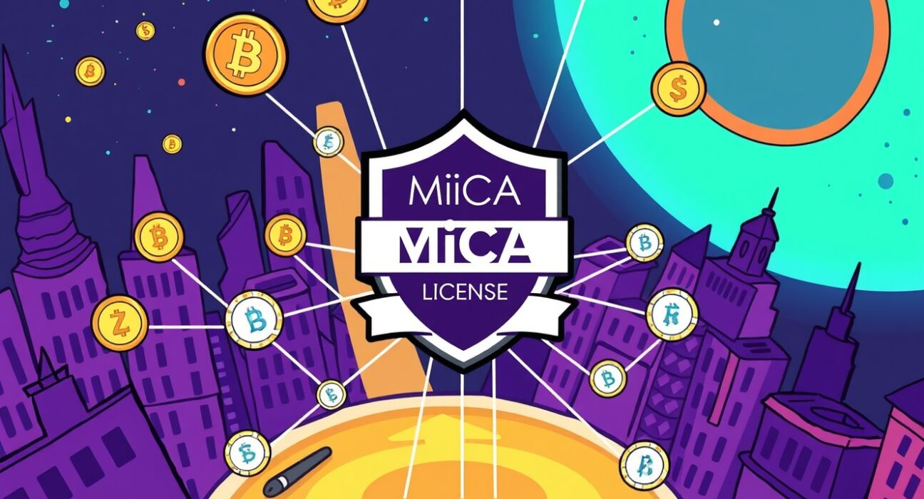 Cartoon illustration showing Zero Hash MiCA license unlocking stablecoin services across the European Economic Area.