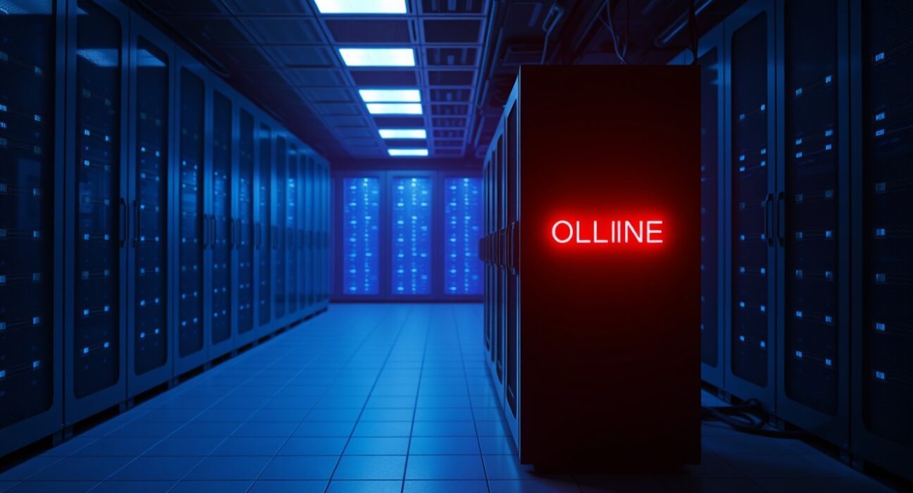 Server rack with red OFFLINE indicator in dimly lit data center representing Zero Network shutdown
