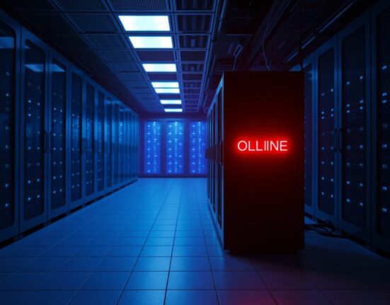 Server rack with red OFFLINE indicator in dimly lit data center representing Zero Network shutdown